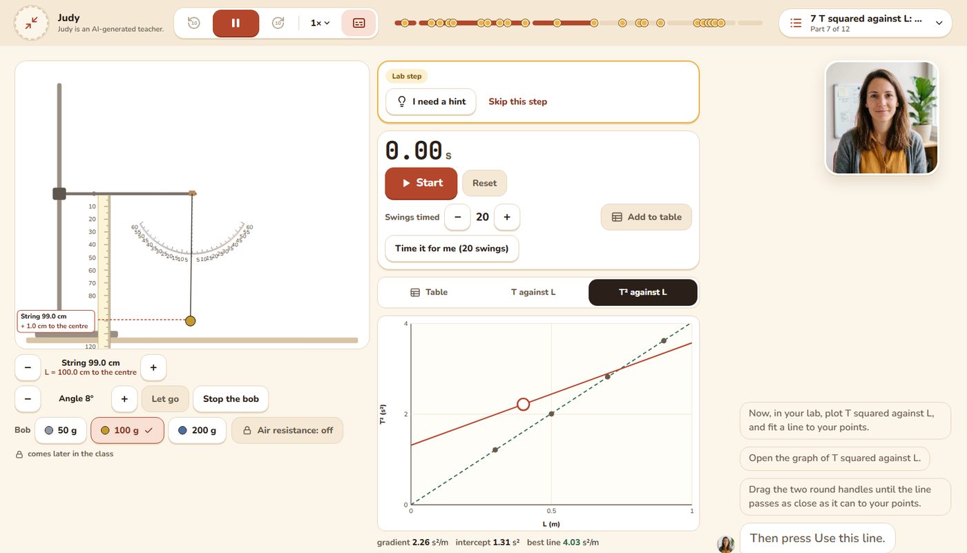 The pendulum lab: the student changes the length and takes readings.